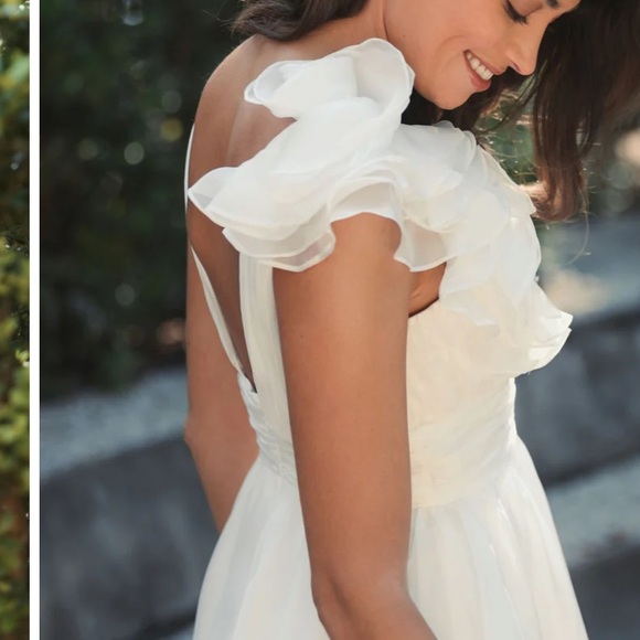 NWT MAC DUGGAL RUFFLE SHOULDER EMPIRE WAIST DEEP V-NECK DRESS - Picture 4 of 8